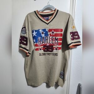 FUBU Men Jersey Harlem Globetrotters 35 Y2K Vintage Graphic V Neck Beige Size L